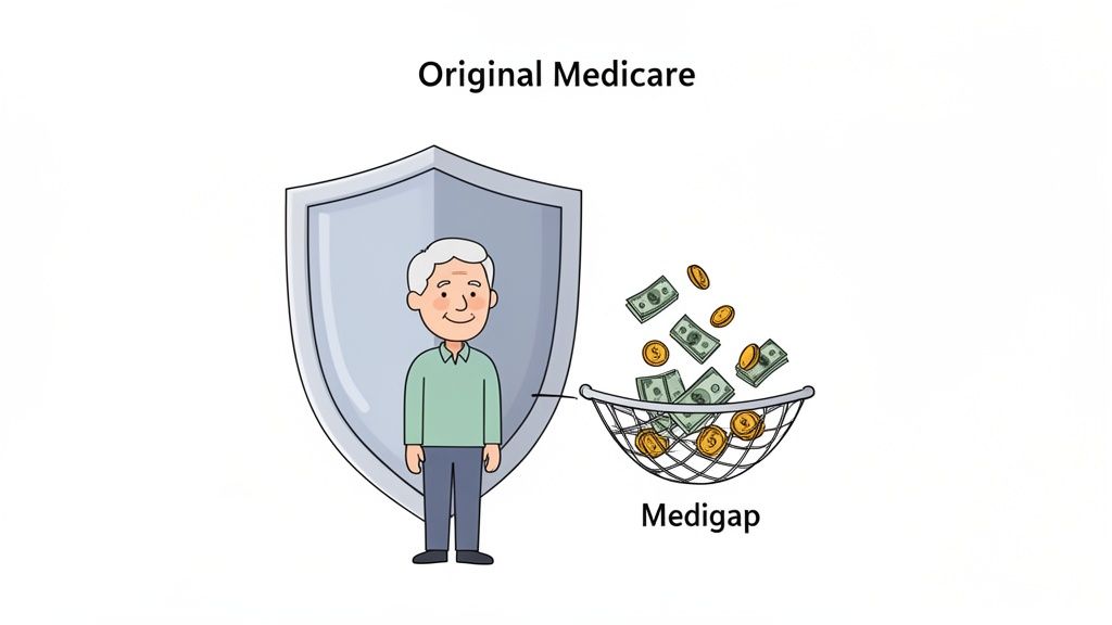 An elderly person stands behind a shield (Original Medicare). A net (Medigap) catches money, symbolizing supplemental insurance.