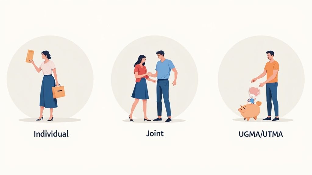 Illustrations showing individual, joint, and UGMA/UTMA account types for financial planning.