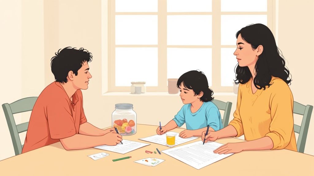 A family sits at a table, writing and studying together, with windows in the background.