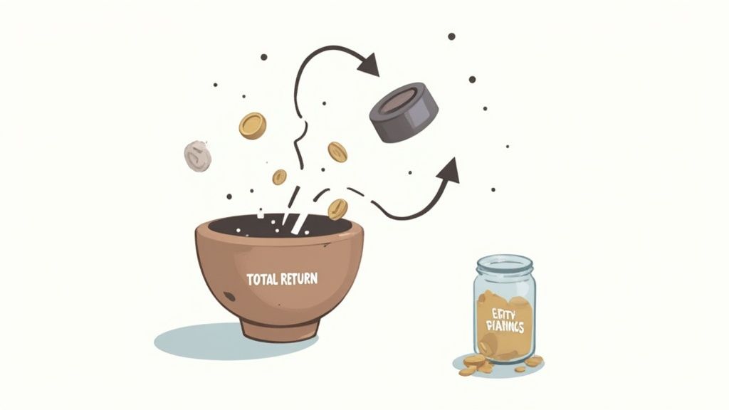Coins flowing from jar labeled retirement savings into bowl labeled total return illustrating investment strategy