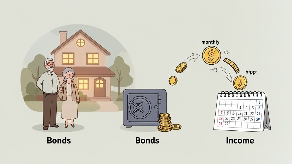 Retirement planning illustration showing bonds, a safe, and coins generating monthly income for a couple.