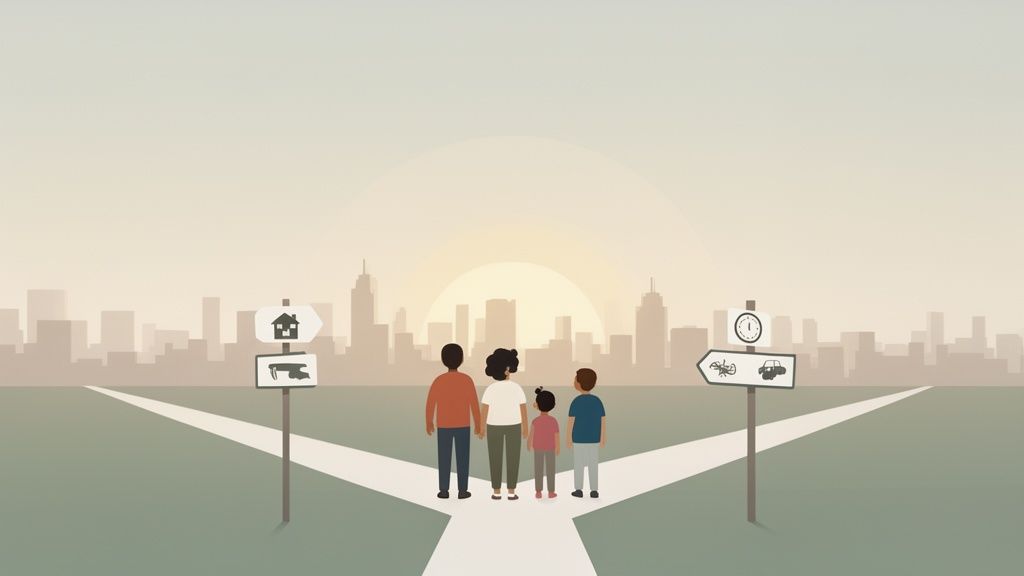 A family stands at a crossroads with signs pointing towards different life choices and future paths.