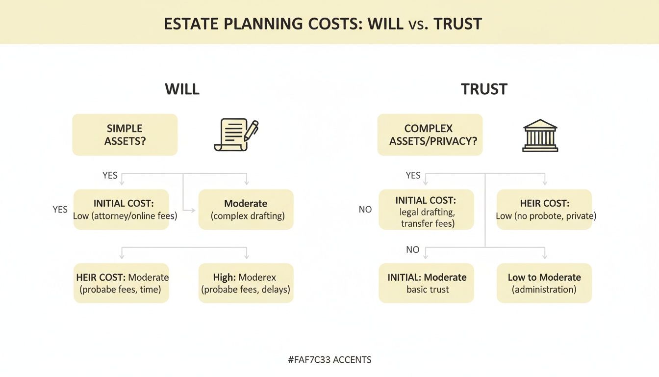 Flowchart comparing estate planning costs for wills and trusts, detailing initial and heir costs based on asset complexity.