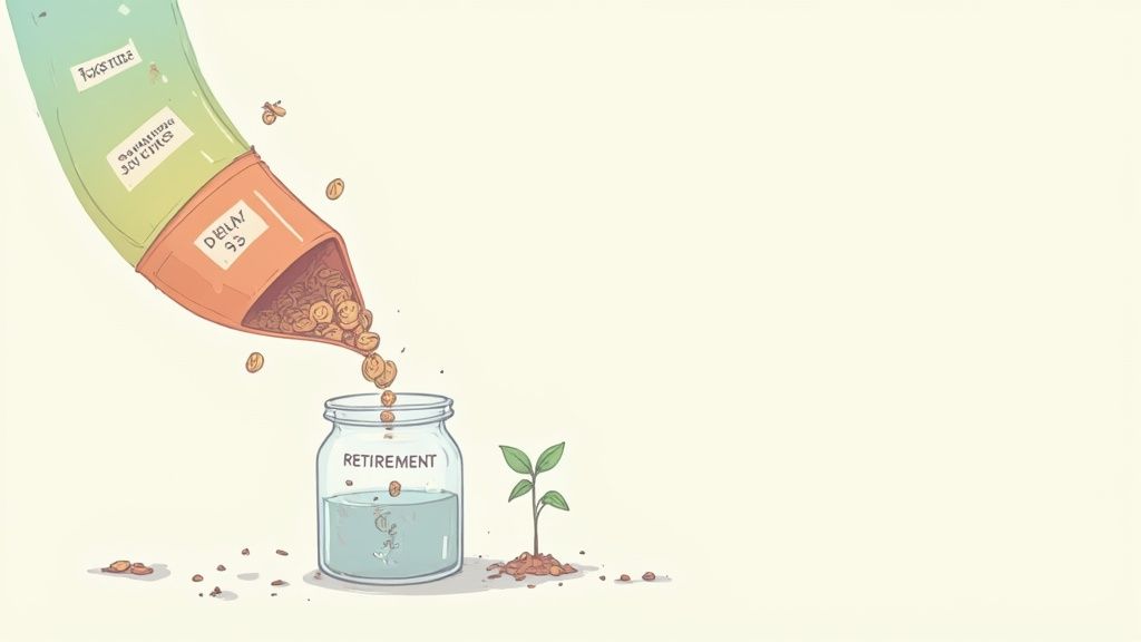 Golden coins, some labeled 'delay', pour from a pouch into a retirement jar, nurturing a small plant.