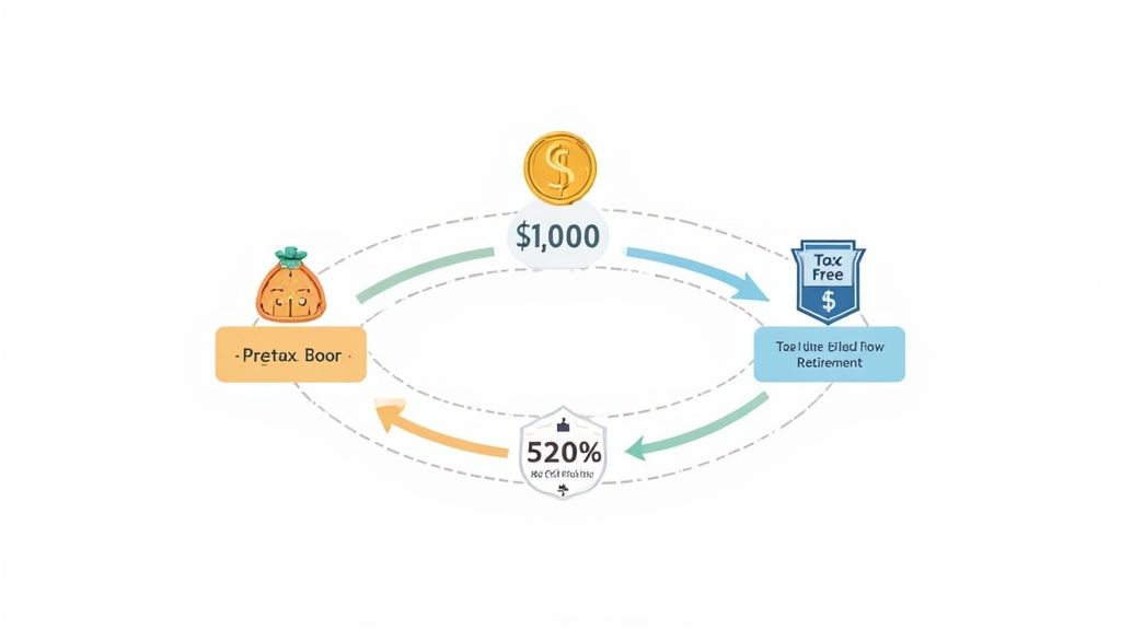 A split image showing a piggy bank with a 'plus' sign for immediate tax savings on one side, and a growing plant with a 'tax-free' tag for future growth on the other, symbolizing the pretax vs. Roth decision.