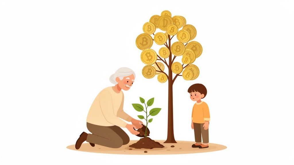 A grandparent and child planting a sapling while a money tree with Bitcoin leaves grows nearby.