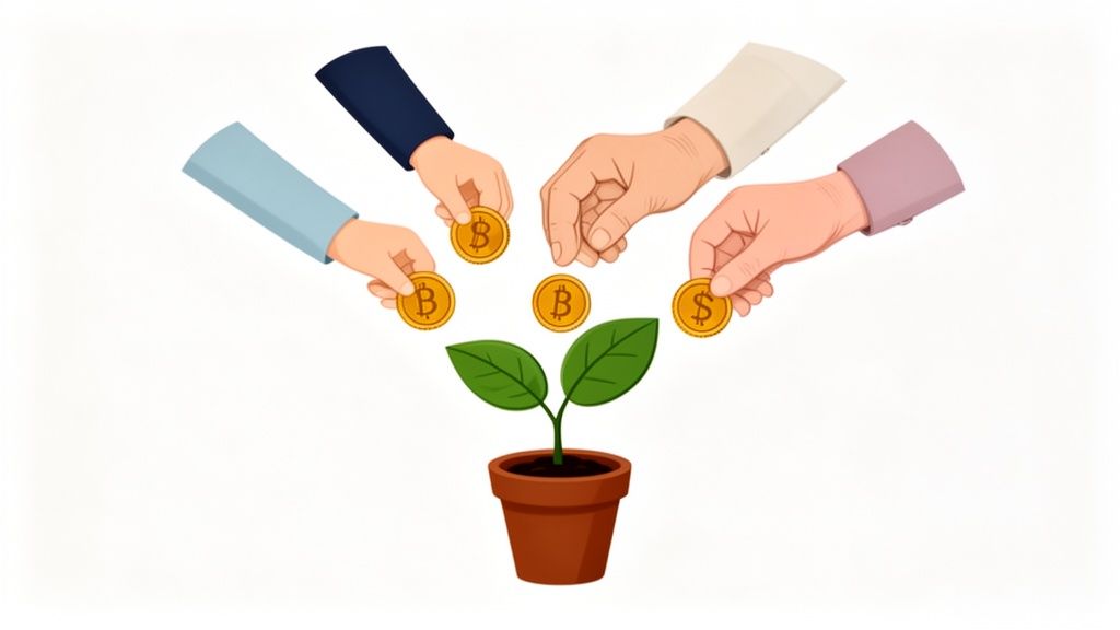 Multiple hands dropping Bitcoin and dollar coins into a small plant growing in a pot.