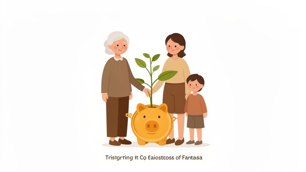 A family of three generations (grandmother, mother, child) with a piggy bank and growing plant, symbolizing financial growth and savings.