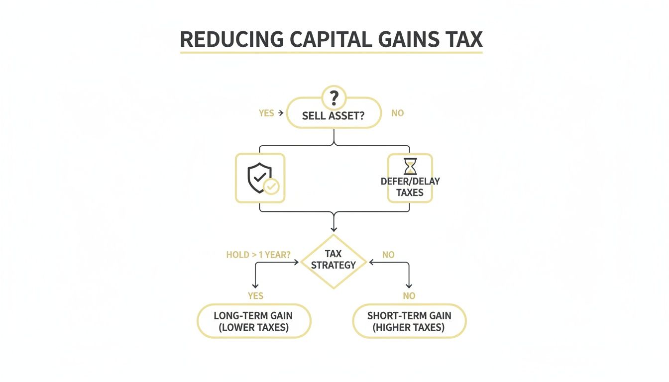 Flowchart illustrating strategies for reducing capital gains tax, including deferring or holding assets.