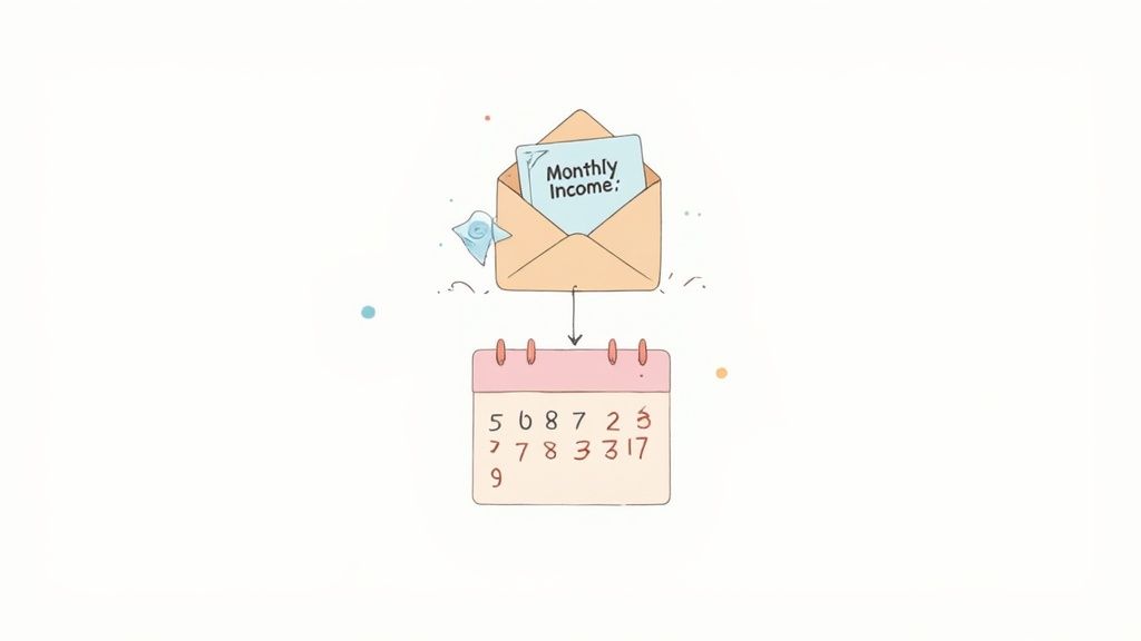 Monthly income envelope with calendar showing payment dates for retirement income planning illustration