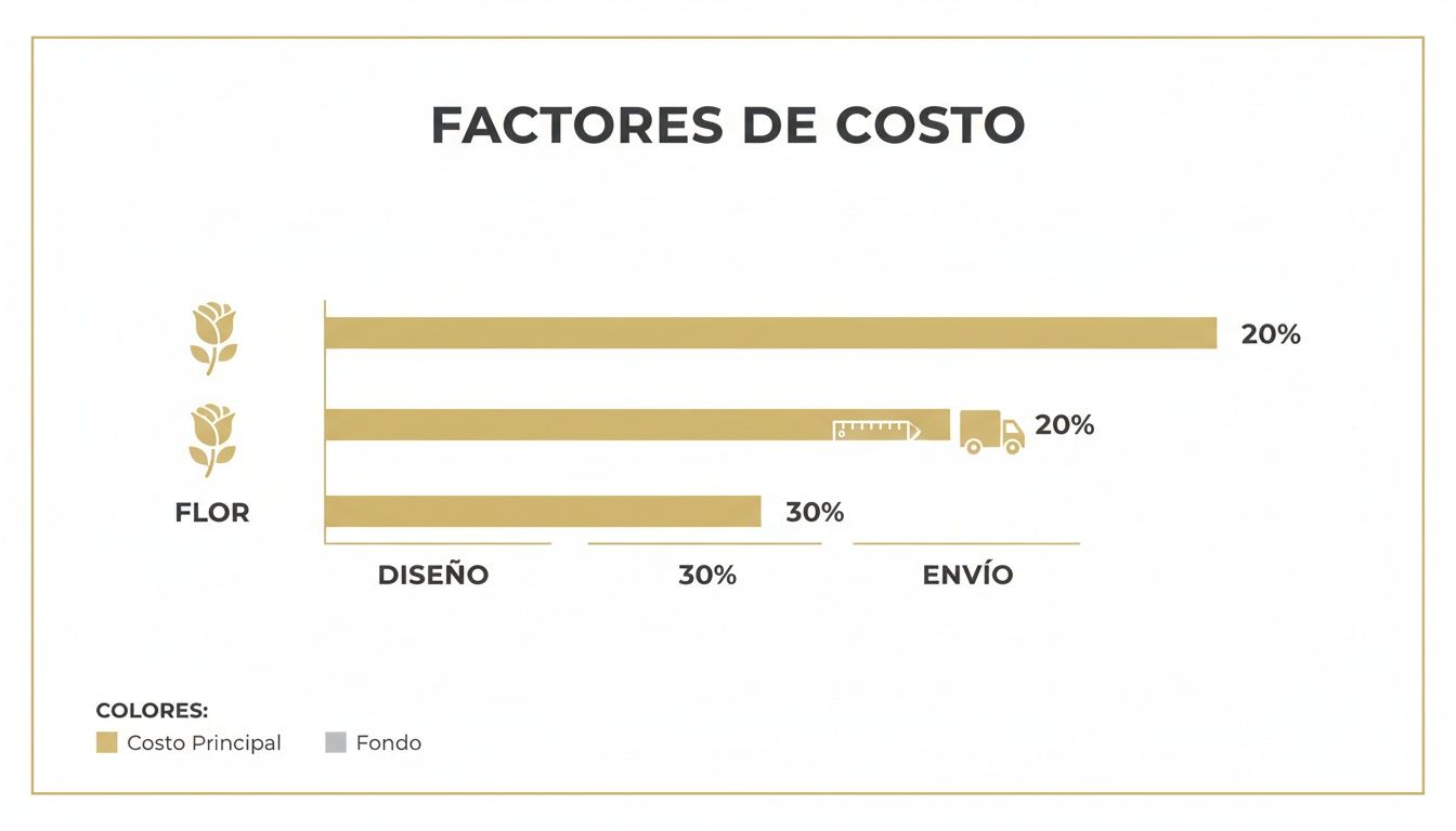 Gráfico de barras que detalla los factores de costo de arreglos florales: flor (20% dos veces), diseño (30%) y envío (30%).