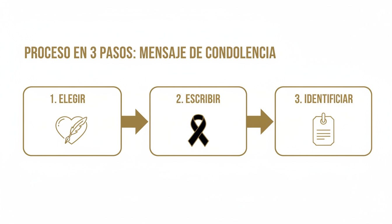 Diagrama de un proceso en 3 pasos para un mensaje de condolencia: elegir, escribir e identificar.
