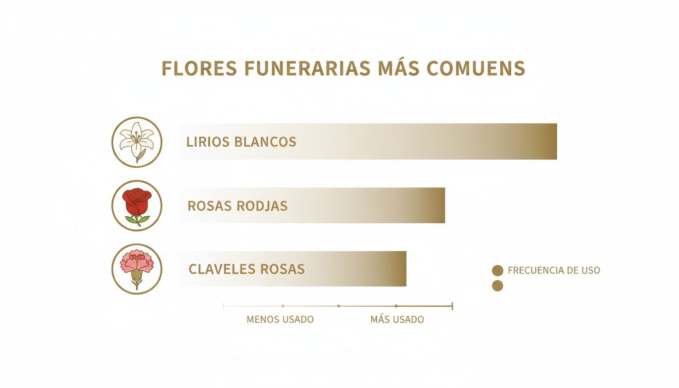 Gráfico de barras ilustrando las flores funerarias más comunes: lirios blancos, rosas rojas y claveles rosas.