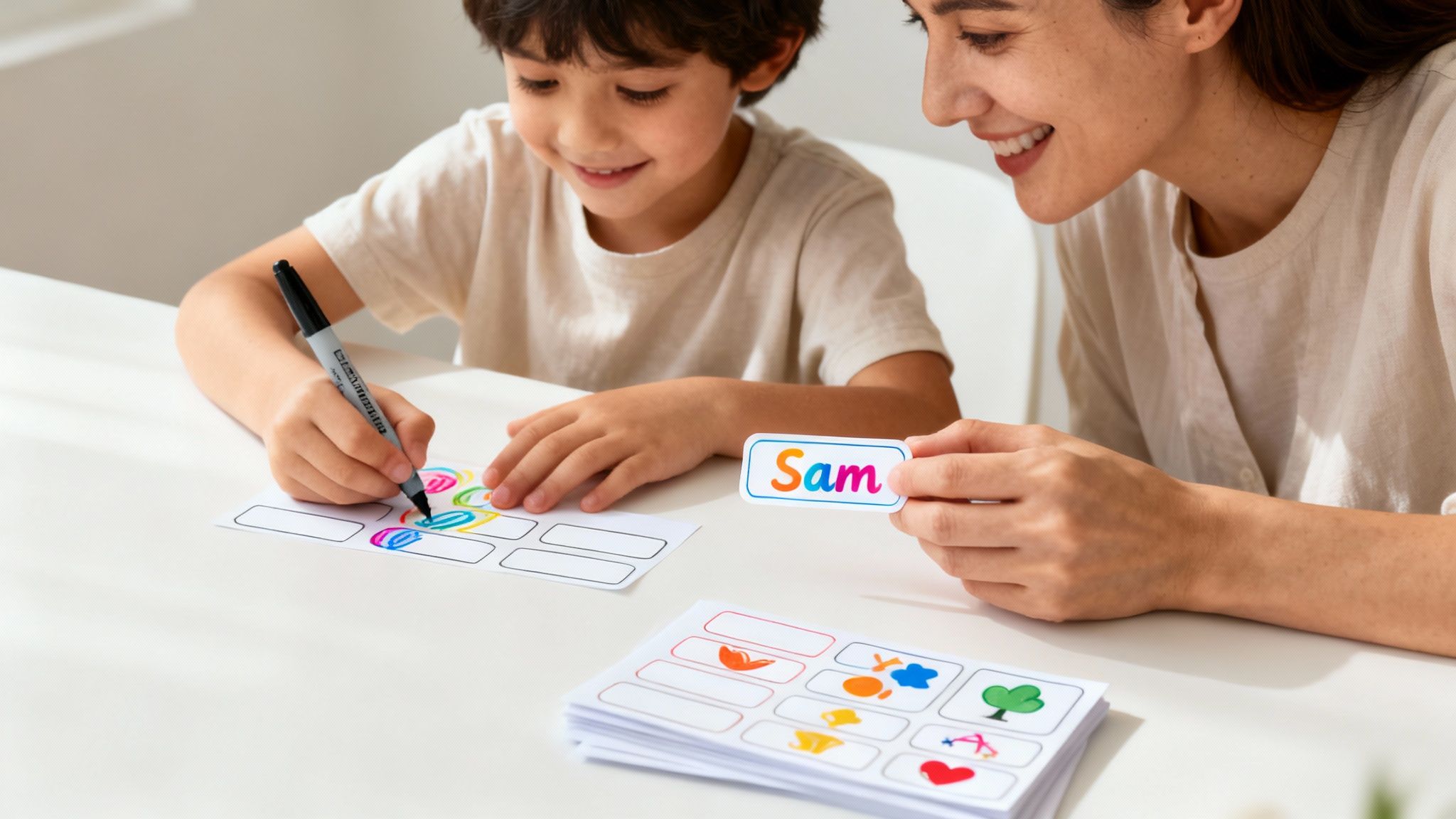 A young boy is happily coloring at a table while an adult holds a personalized 'Sam' name tag.