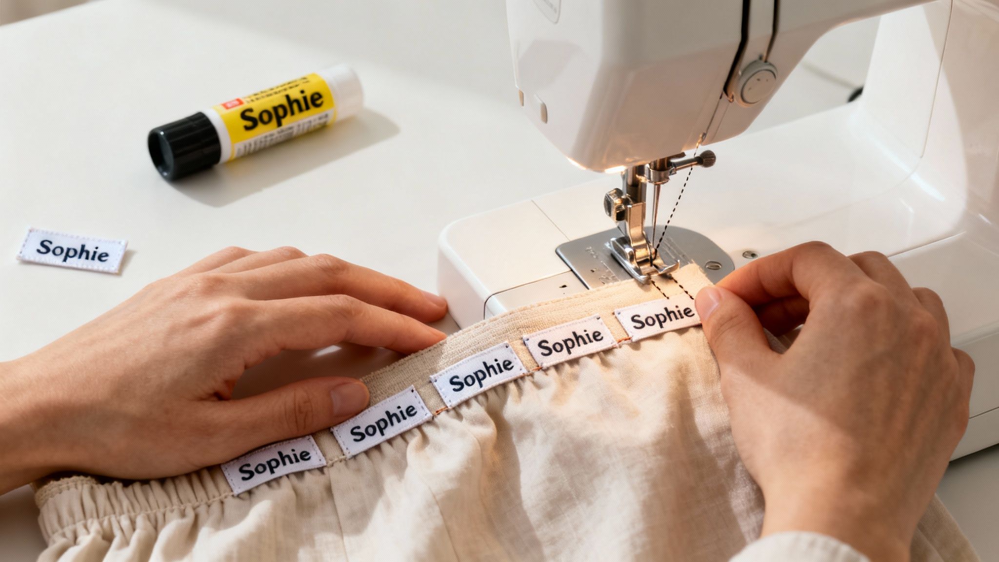 Close-up of hands sewing 'Sophie' name labels onto a garment with a sewing machine.