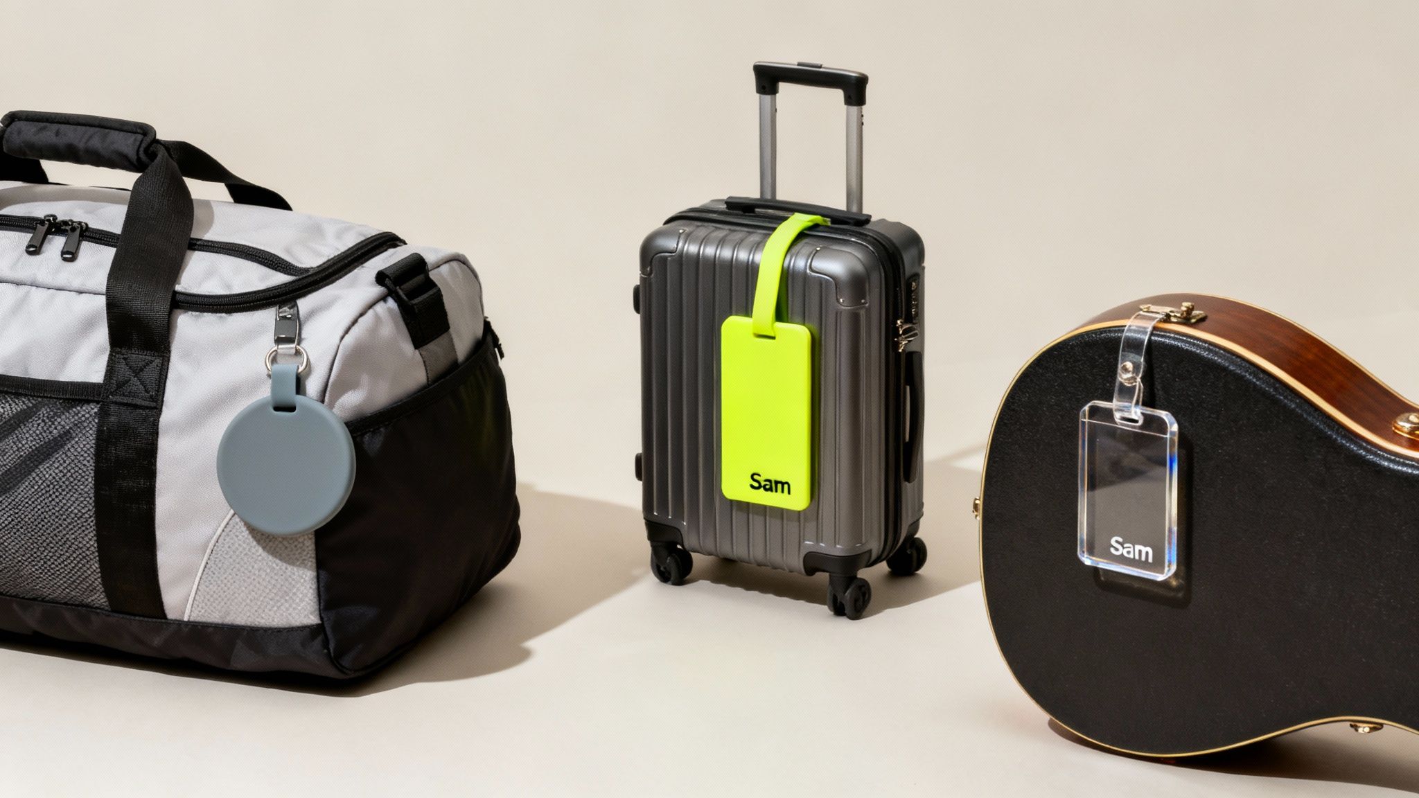 Custom bag tags on a duffel bag, suitcase, and guitar case, with personalized names.