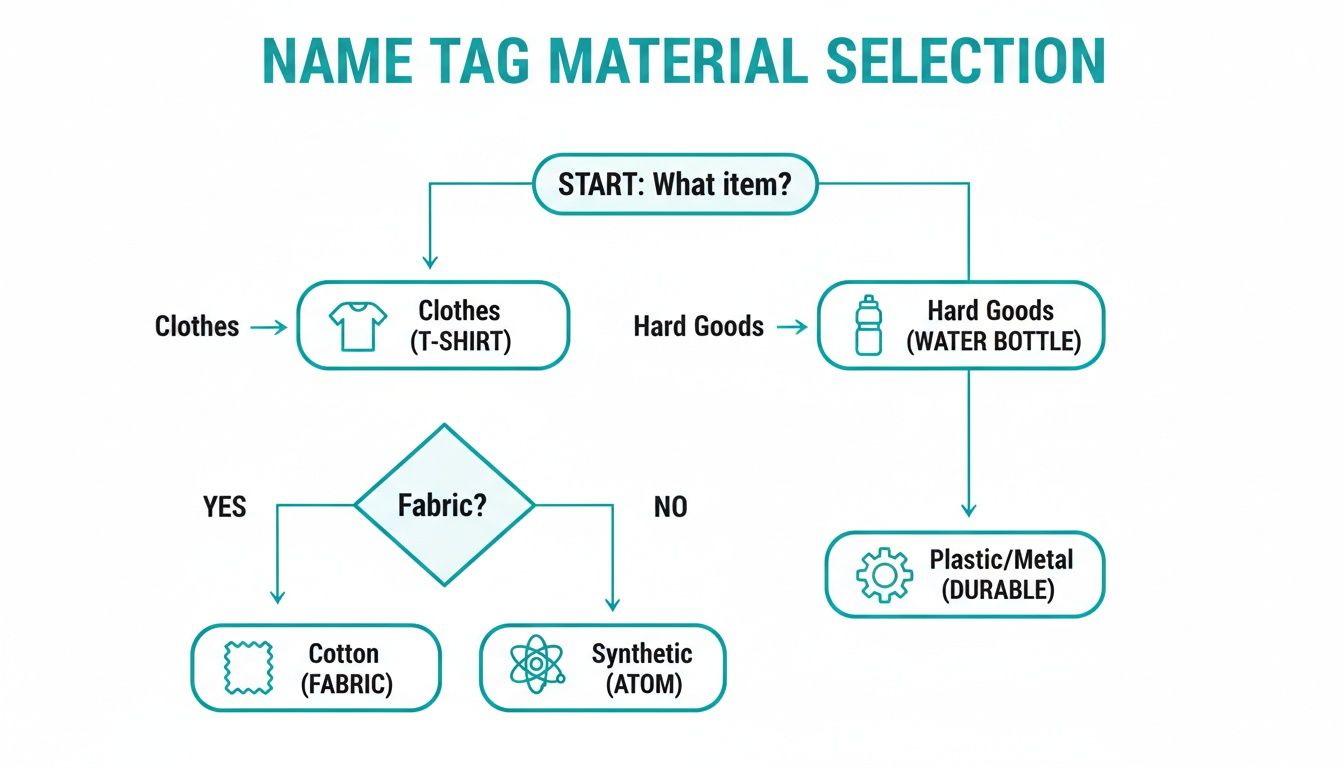 Decision flowchart guiding name tag material selection for clothing and durable goods.