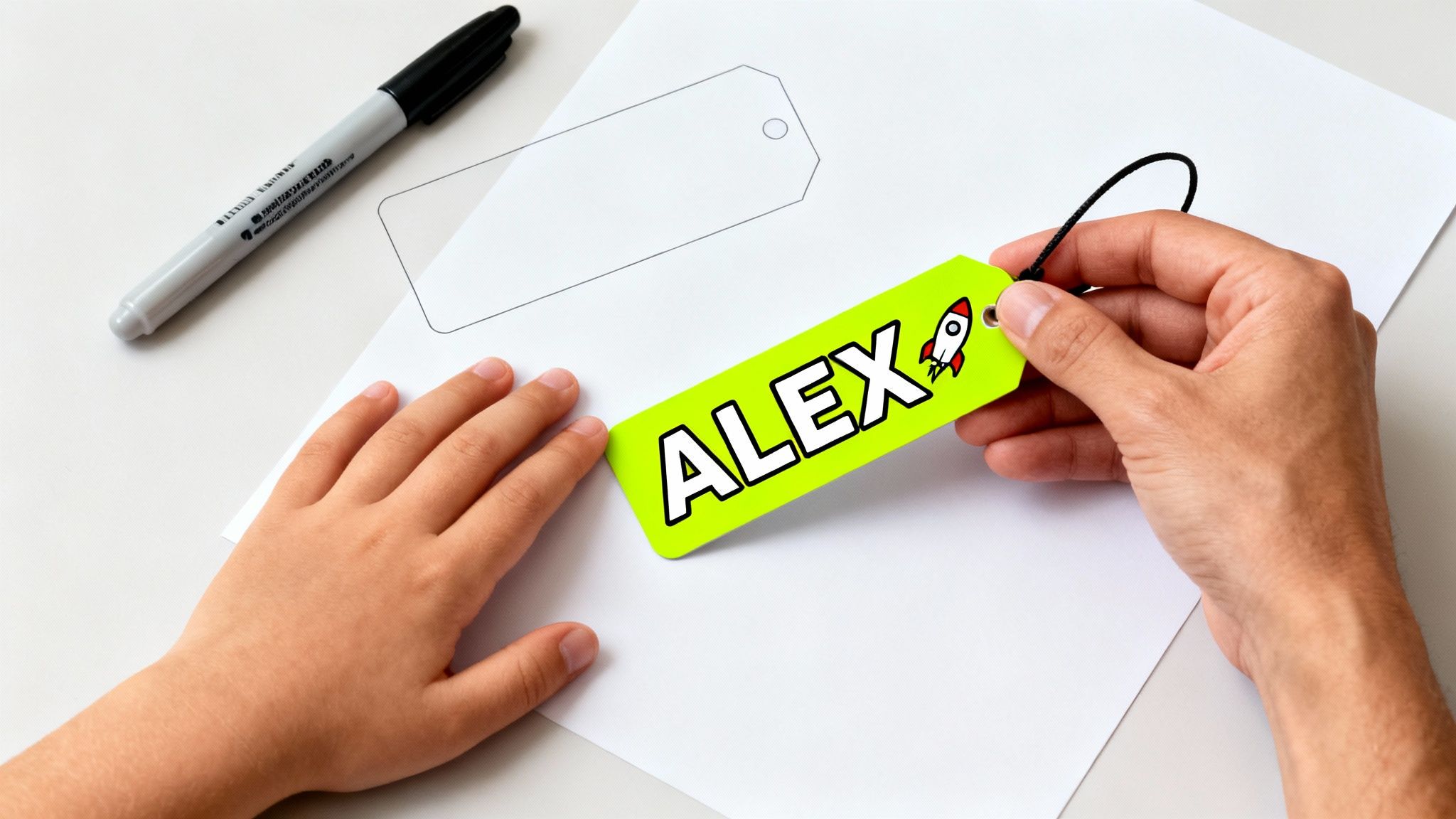 A child's hand and an adult's hand holding a bright green bag tag personalized with 'ALEX' and a rocket.