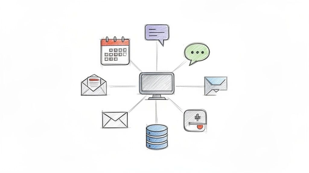 A central computer screen connects to various digital service icons including email, calendar, chat, and database.