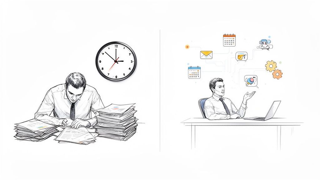 Illustration contrasting a man buried in paperwork with another efficiently managing digital tasks.