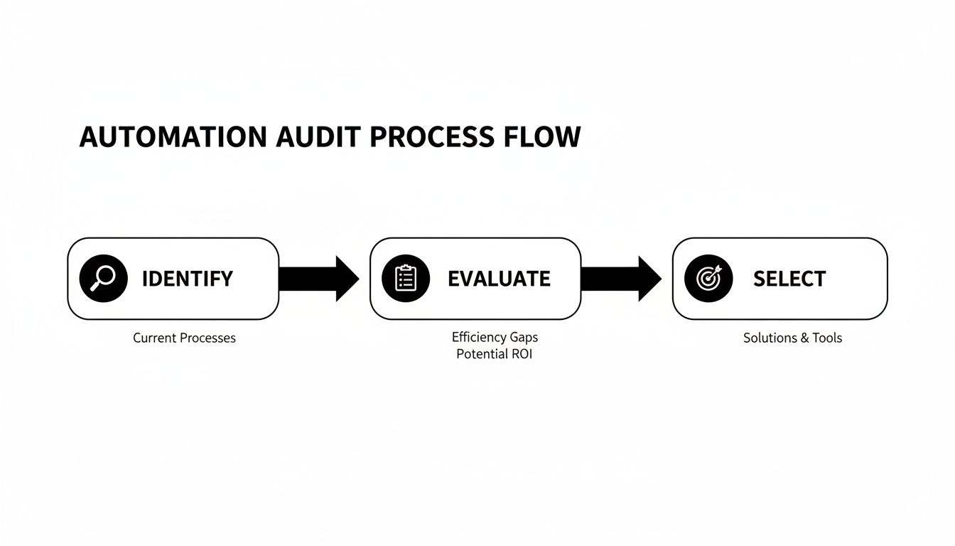 Automation Audit Process Flow diagram showing three steps: Identify Current Processes, Evaluate Gaps, and Select Solutions.