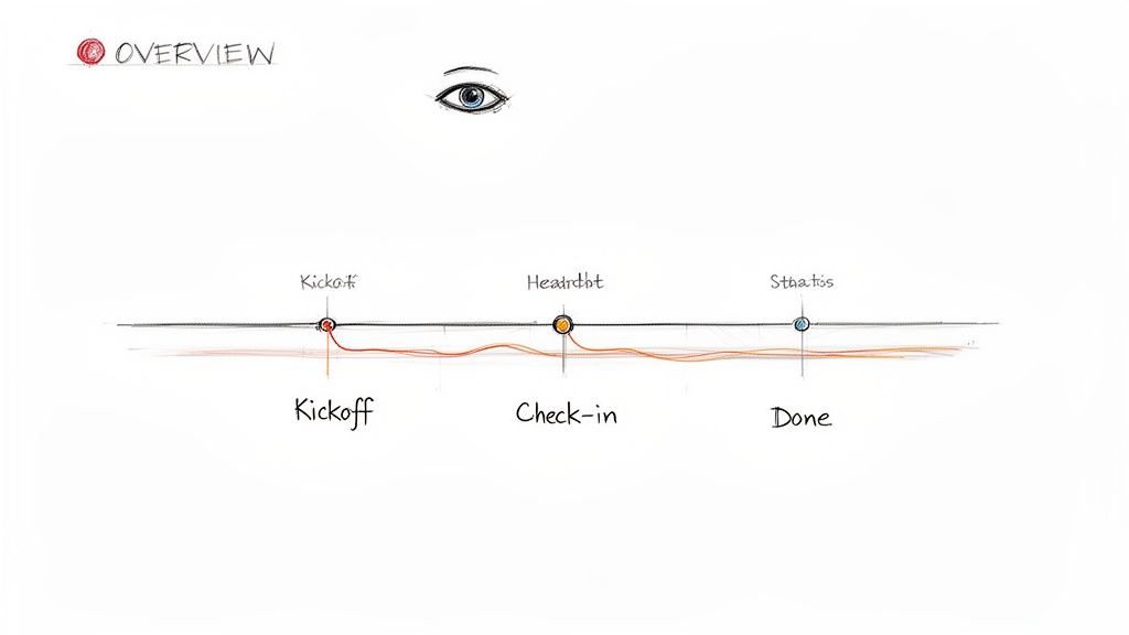 An overview graphic with an eye, and a timeline detailing project phases: Kickoff, Check-in, Done.