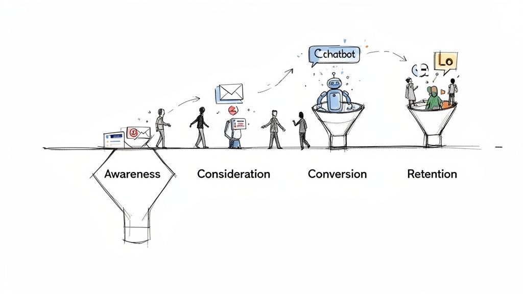 A visual sales funnel illustrating the customer journey through Awareness, Consideration, Conversion, and Retention.