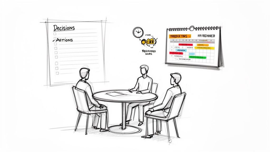 A sketch of three people in a meeting, with a whiteboard showing decisions and actions, and a calendar for planning.