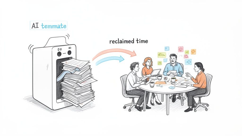 An AI machine processes documents, reclaiming time for a team to collaborate and innovate at a meeting.