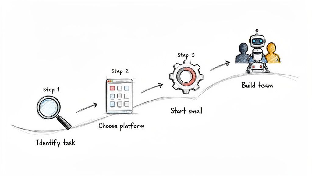 A four-step process illustration: Identify task, Choose platform, Start small, and Build a team.