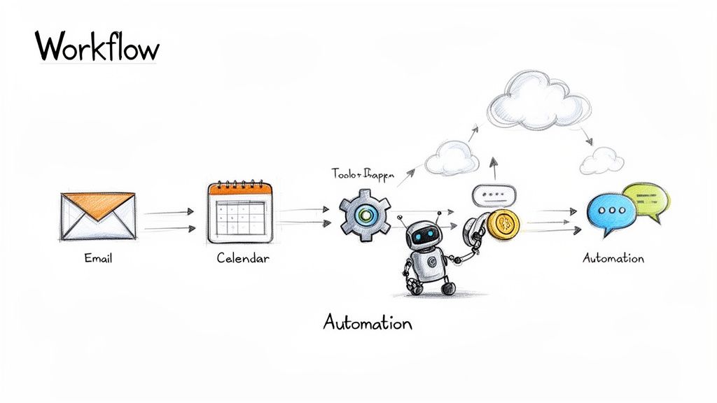 Diagram illustrating a digital workflow from email to calendar, tools, robot, and cloud automation.