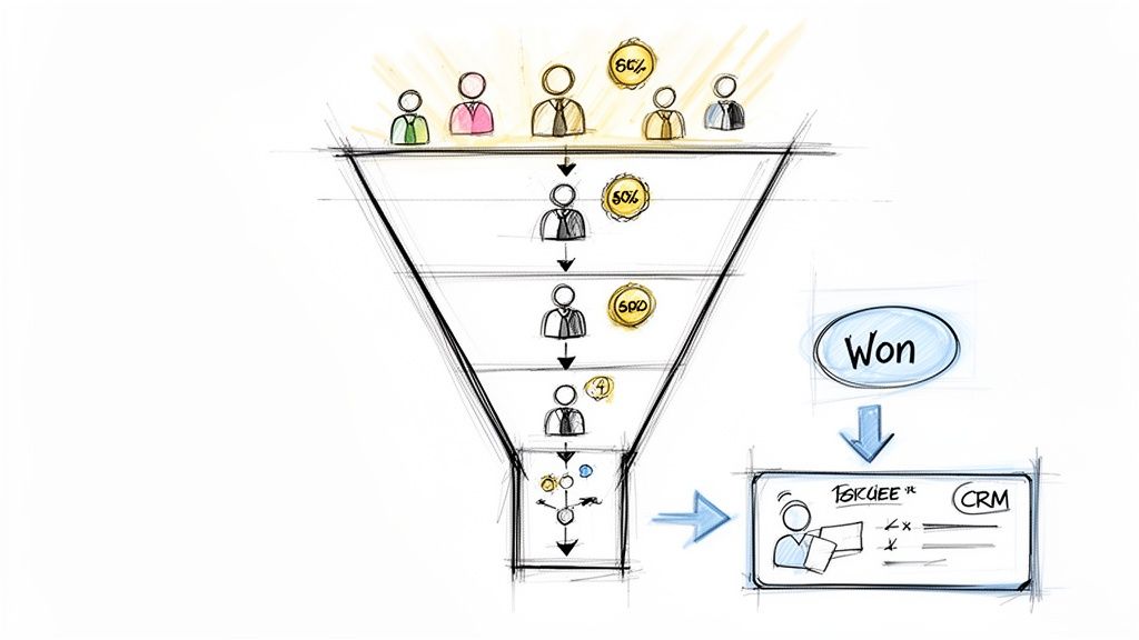 A hand-drawn diagram illustrating a sales funnel from initial leads to a won deal in a CRM system.