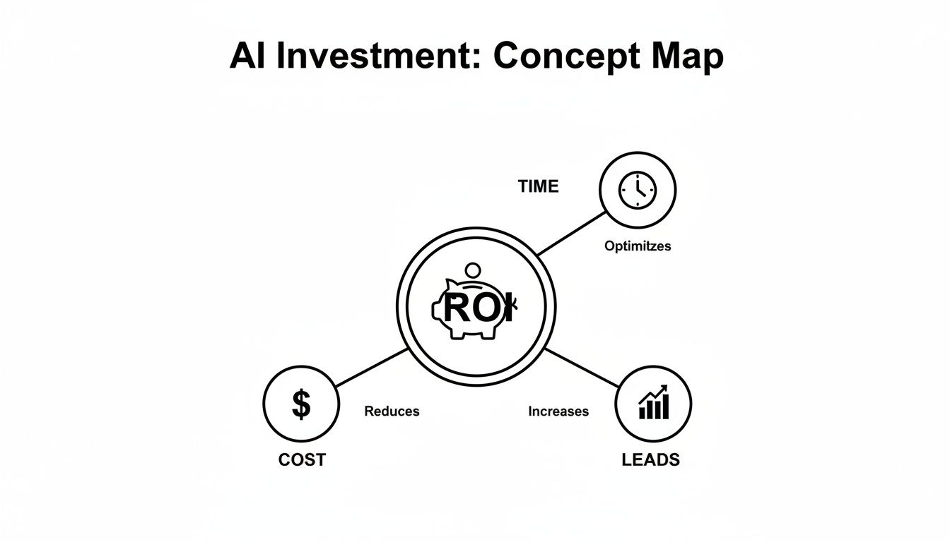 Concept map showing AI investment impact on ROI, optimizing time, reducing cost, and increasing leads.