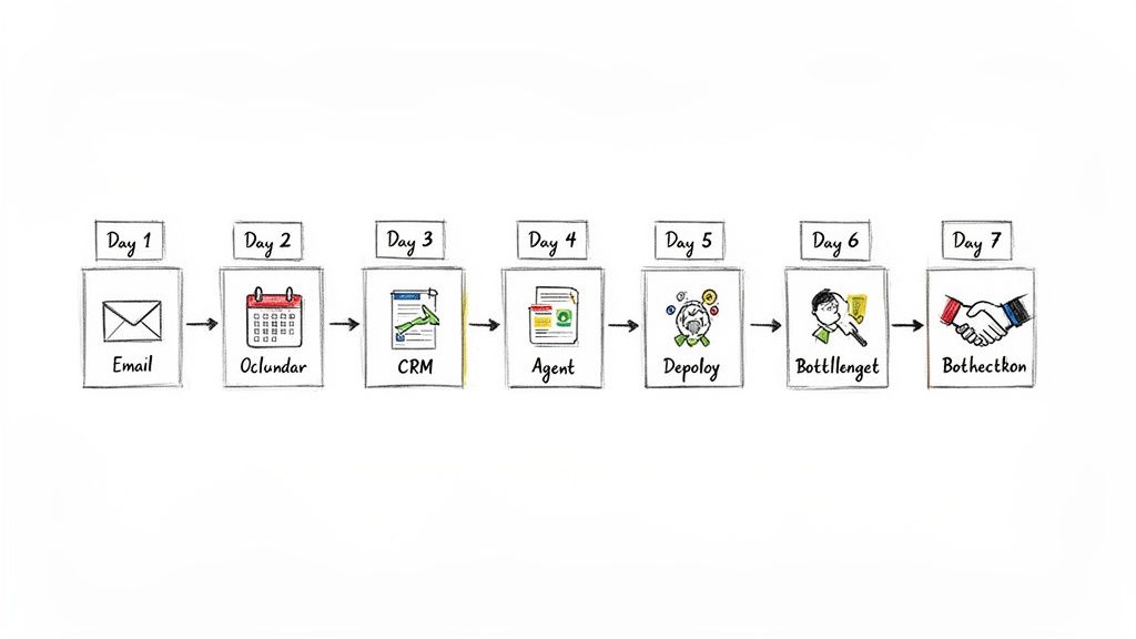 A workflow diagram illustrating a 7-day process, including steps for email, calendar, CRM, agent, deploy, bottleneck, and connection.