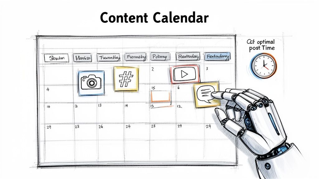 A content calendar with a robot hand scheduling social media posts for optimal times.
