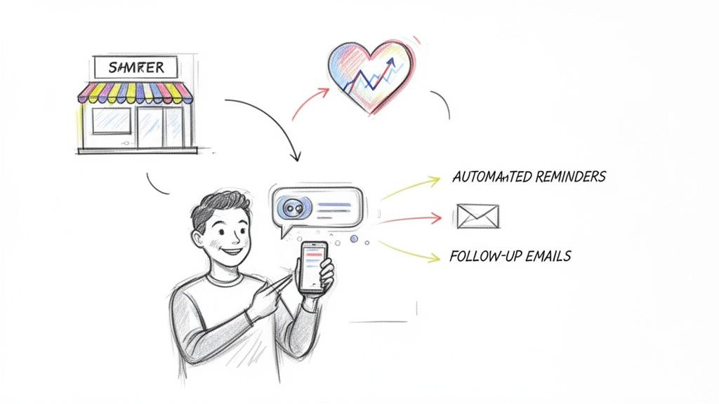 A diagram illustrates a customer engaging with a store via smartphone, leading to automated reminders and emails, enhancing customer loyalty.