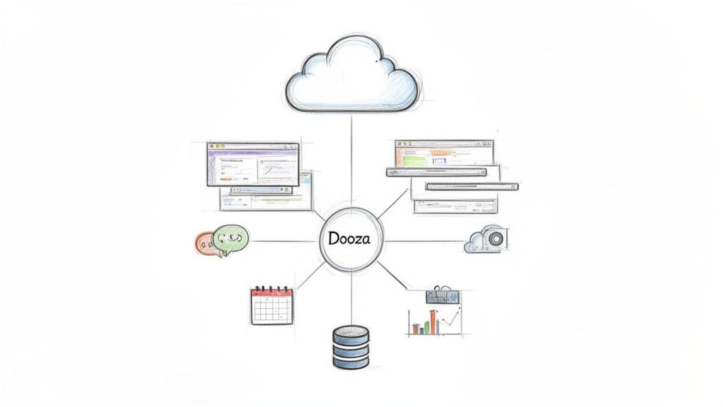 Dooza integration diagram illustrates connections to cloud, web apps, communication, calendar, database, and analytics.