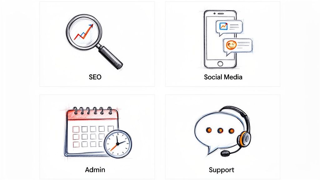 Four sketch icons depicting essential business services: SEO, social media, admin, and customer support.