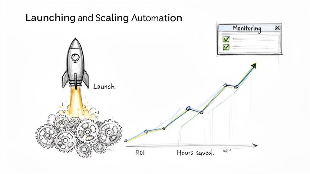 Illustrates launching and scaling automation with a rocket, gears, an upward graph of ROI and hours saved, and a monitoring window.