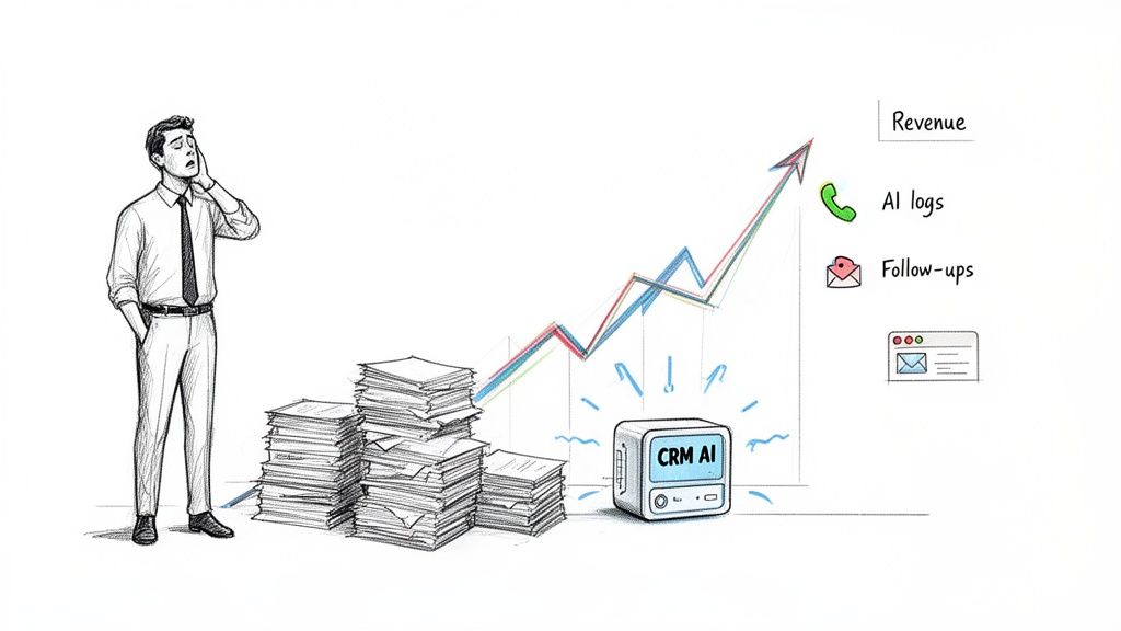 A frustrated man with documents, while CRM AI powers revenue growth through logs and follow-ups.