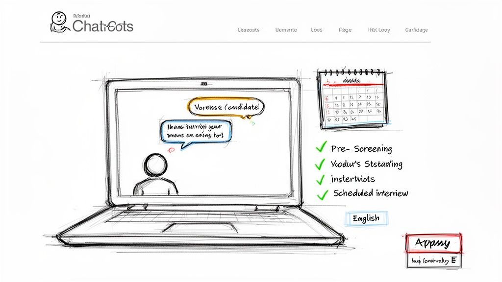 Hand-drawn sketch illustrating a chatbot on a laptop, a calendar, and an HR recruitment checklist.
