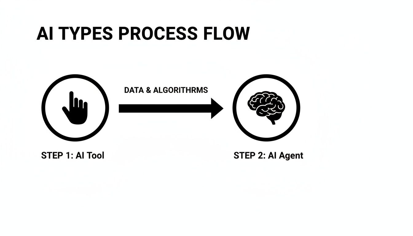 A diagram illustrating the AI types process flow from an AI Tool to an AI Agent using data and algorithms.