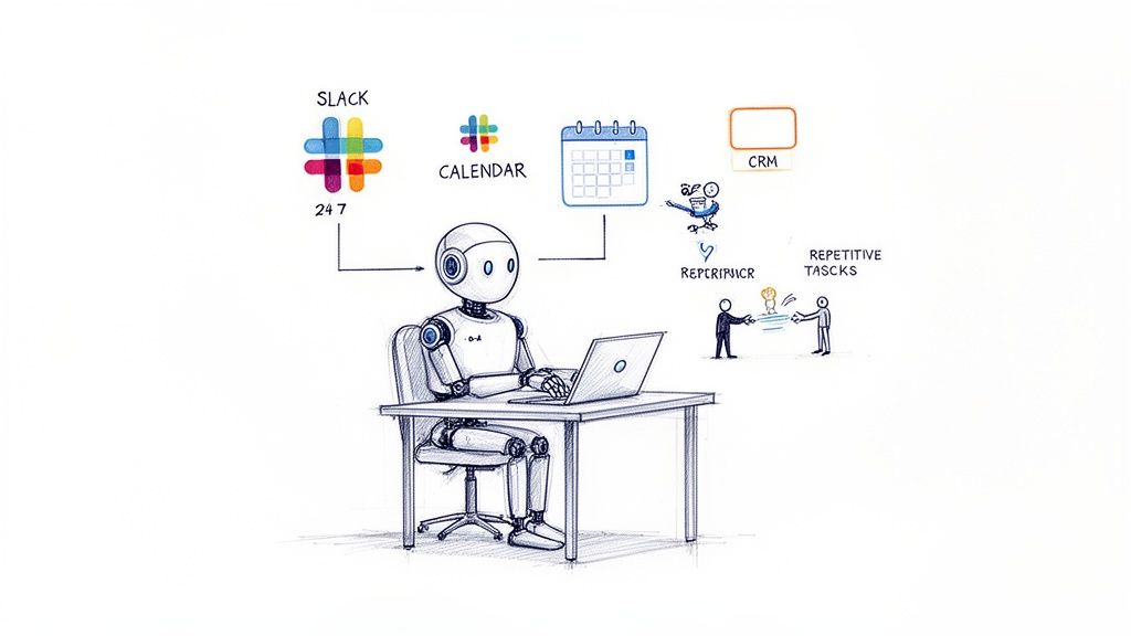 AI agent working on a laptop, connected to Slack, Calendar, and CRM, automating business tasks.
