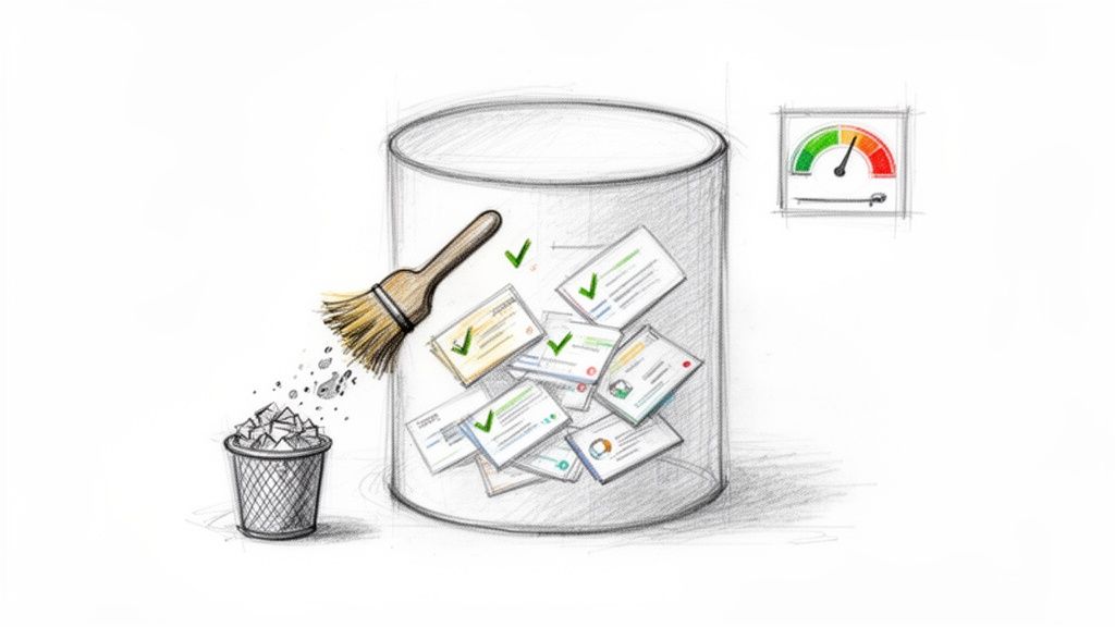 A brush sweeps discarded data into a trash can, while clean data cards remain, next to a performance gauge.