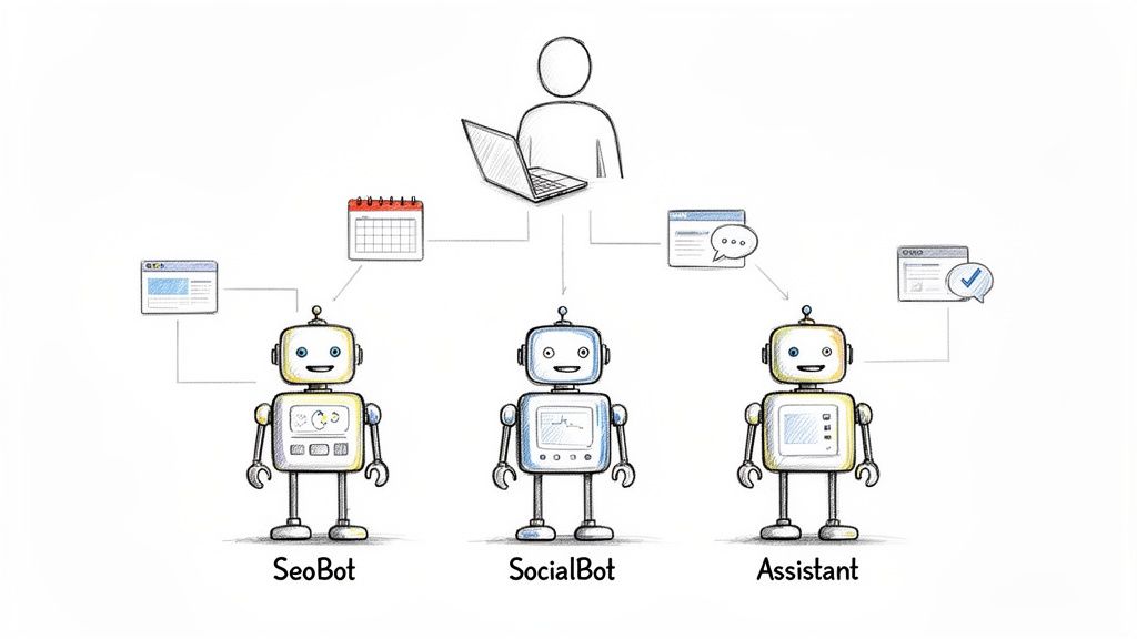 A user interacts with specialized digital assistants: SeoBot, SocialBot, and a general Assistant, streamlining various online tasks.