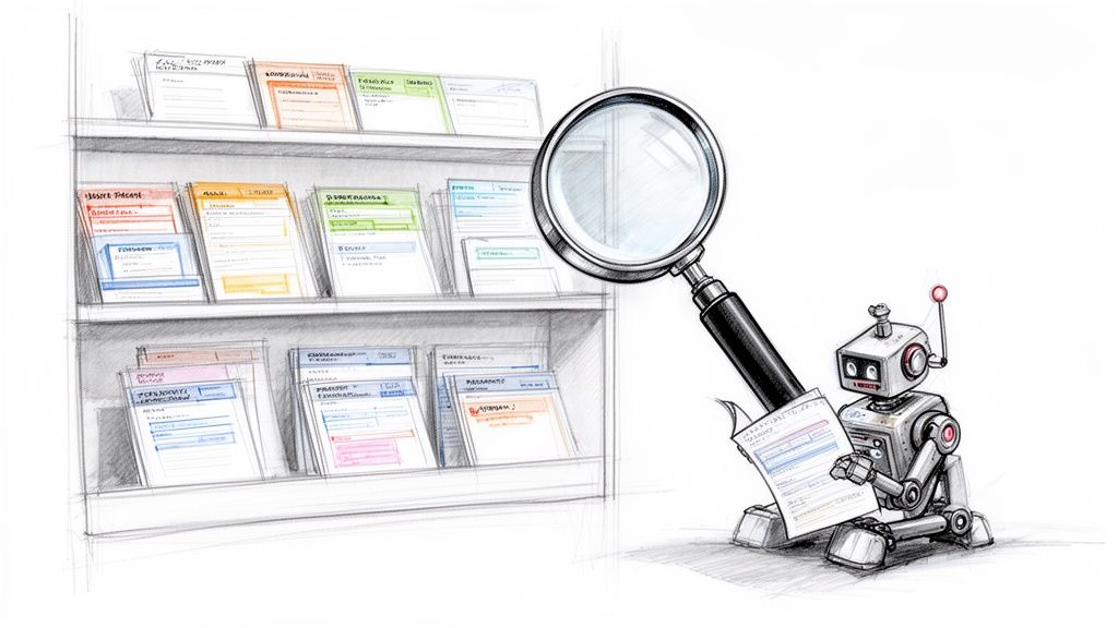 A small robot uses a magnifying glass to review documents from a filing shelf.