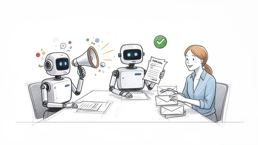 Two robots and a woman collaborate at a desk, showcasing automation, communication, and efficient task completion.