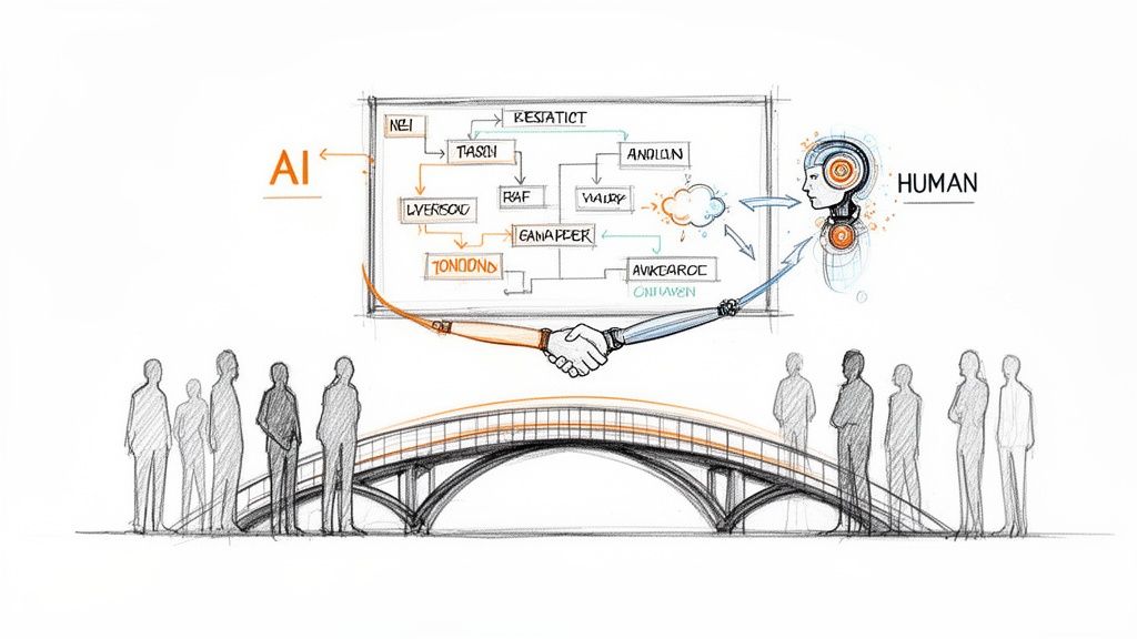 Conceptual drawing showing AI and human collaboration through a flowchart, handshake, and a bridge connecting people.