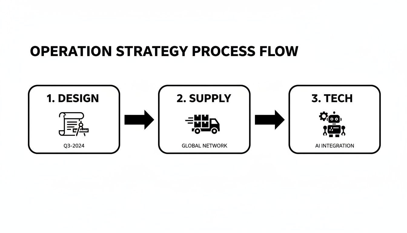 A strategic process flow diagram detailing design, supply, and technology integration stages for operations.