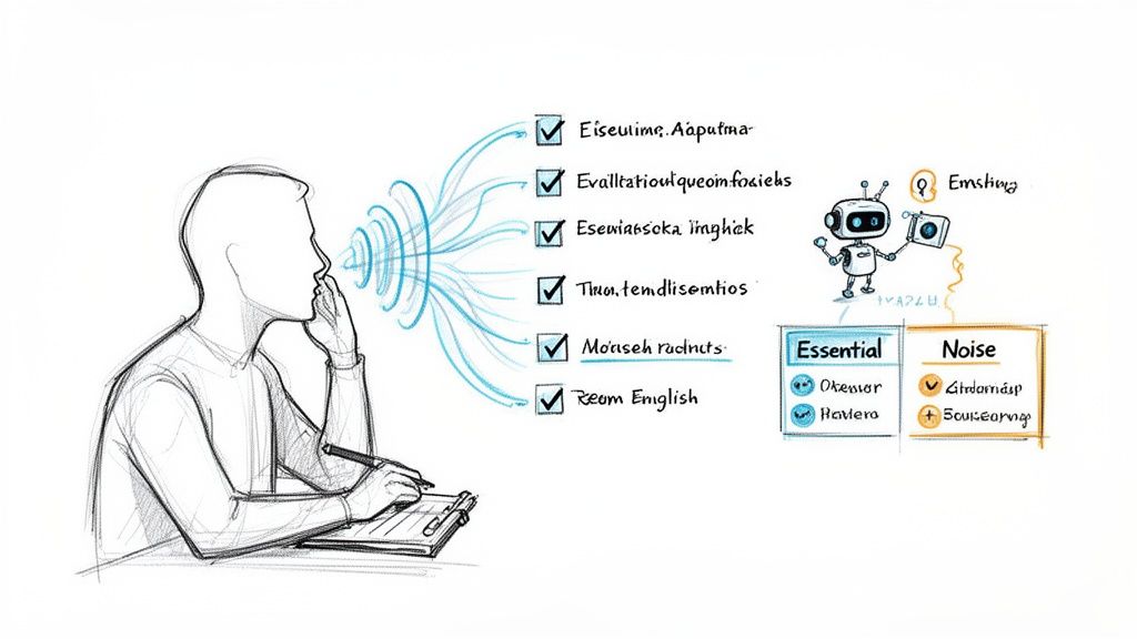 A sketch showing a person speaking, their words processed by a robot into essential notes and noise.